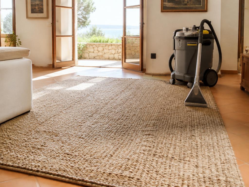 Alfombra de fibras naturales sobre suelo de barro cocido con máquina de limpieza profesional