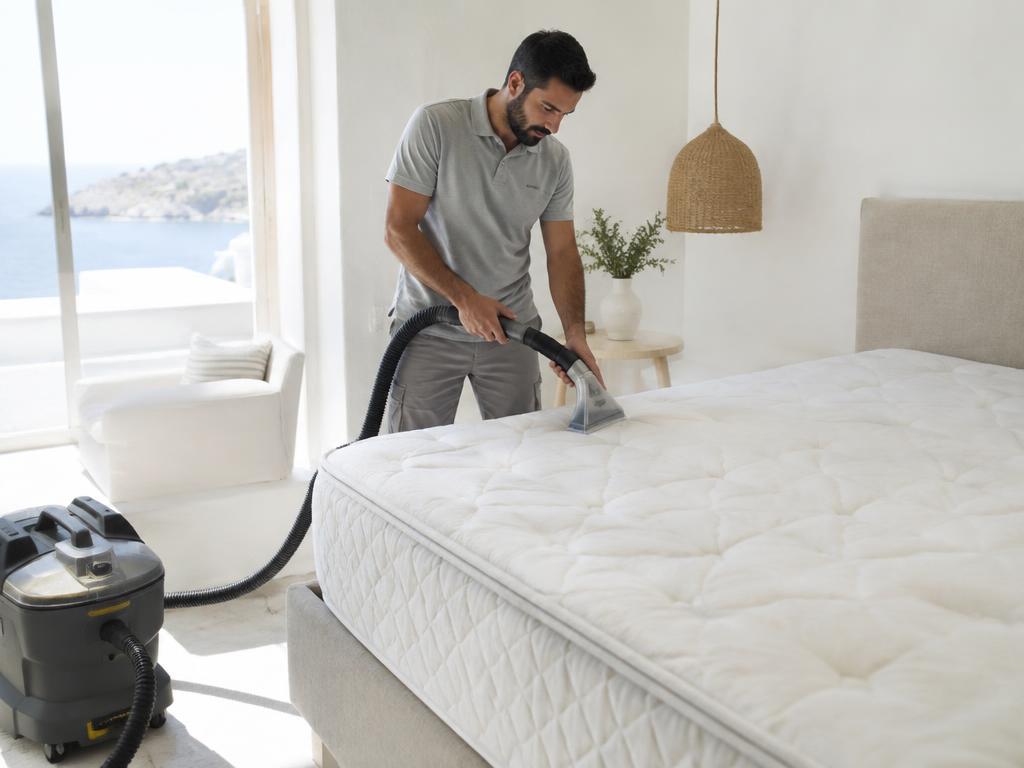 Profesional limpiando un colchón blanco con máquina de extracción en un dormitorio de Mallorca