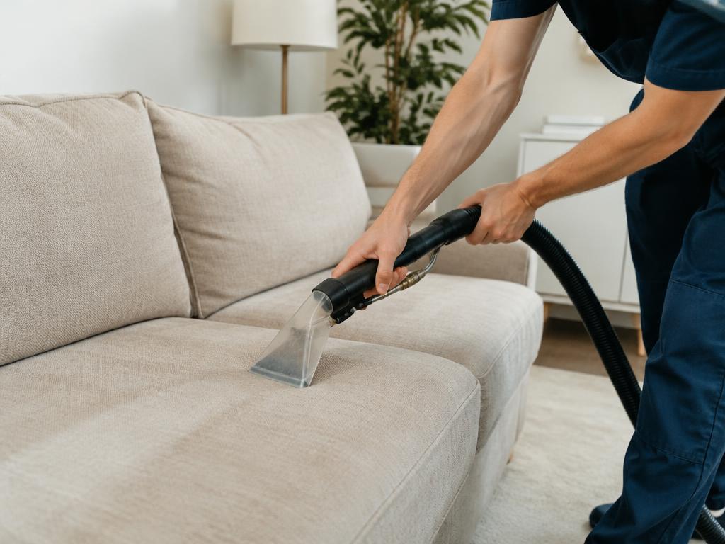 Limpieza profesional de un sofá beige con herramienta de extracción