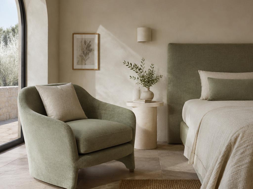 Sillón tapizado en verde salvia y cabecero tapizado en un dormitorio mediterráneo